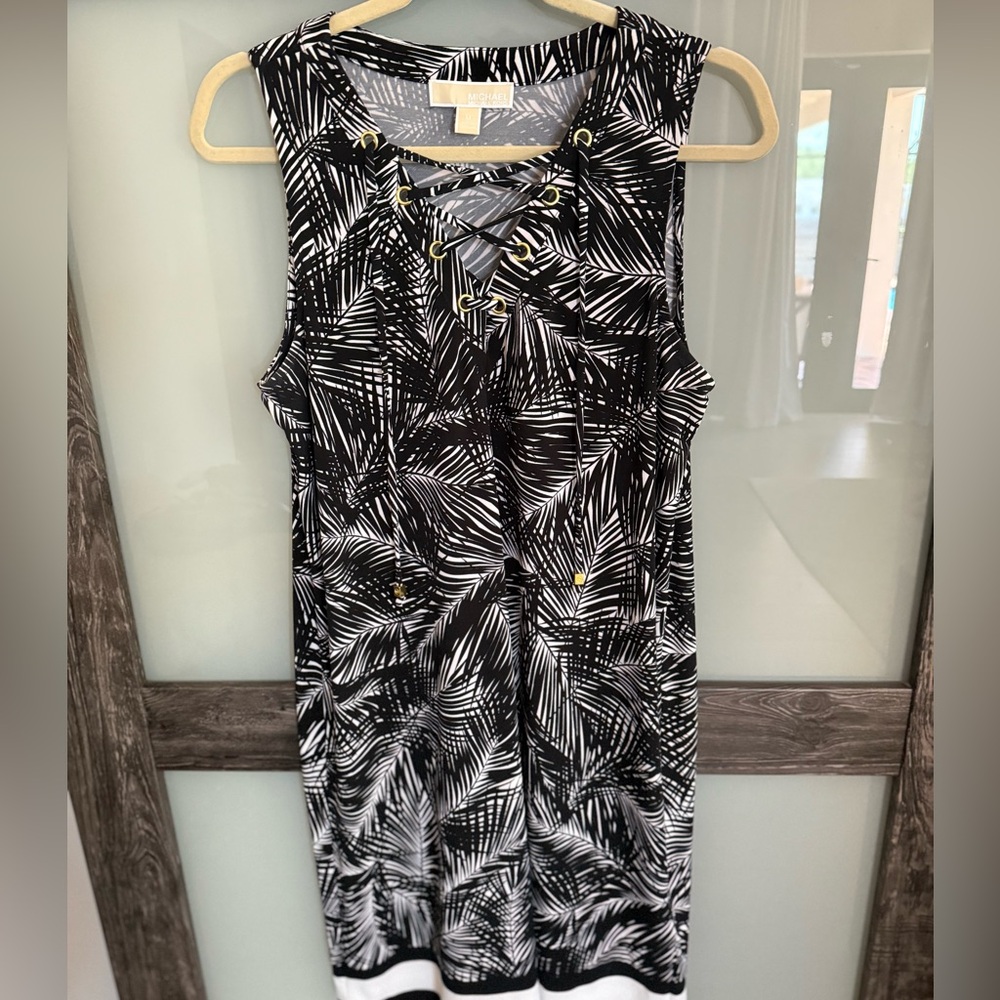 Michael Kors black & white tropical, sleeveless dress w. gold accents, sz. M.